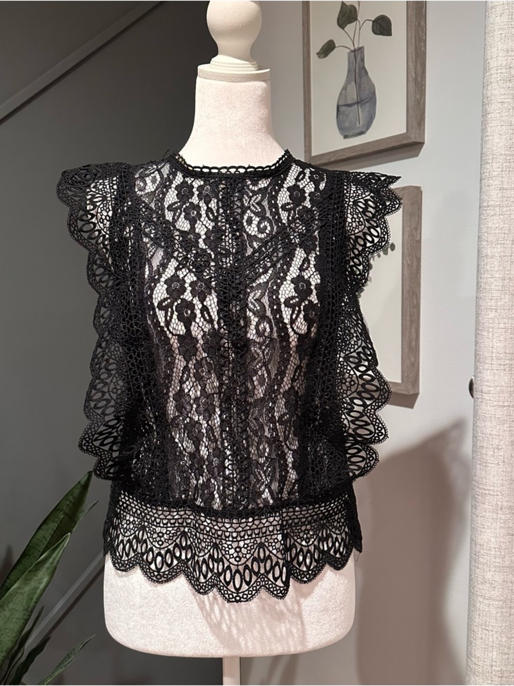 Zara Whimsigoth Black Lace Flutter Sleeve Top Size Small